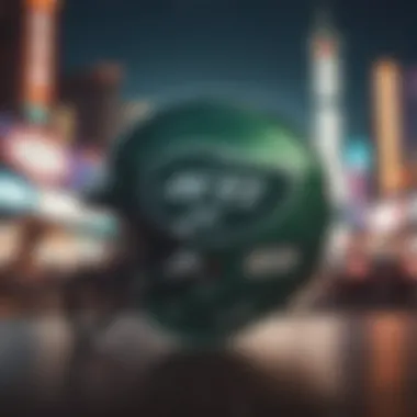 New York Jets logo displayed against a vibrant Vegas backdrop