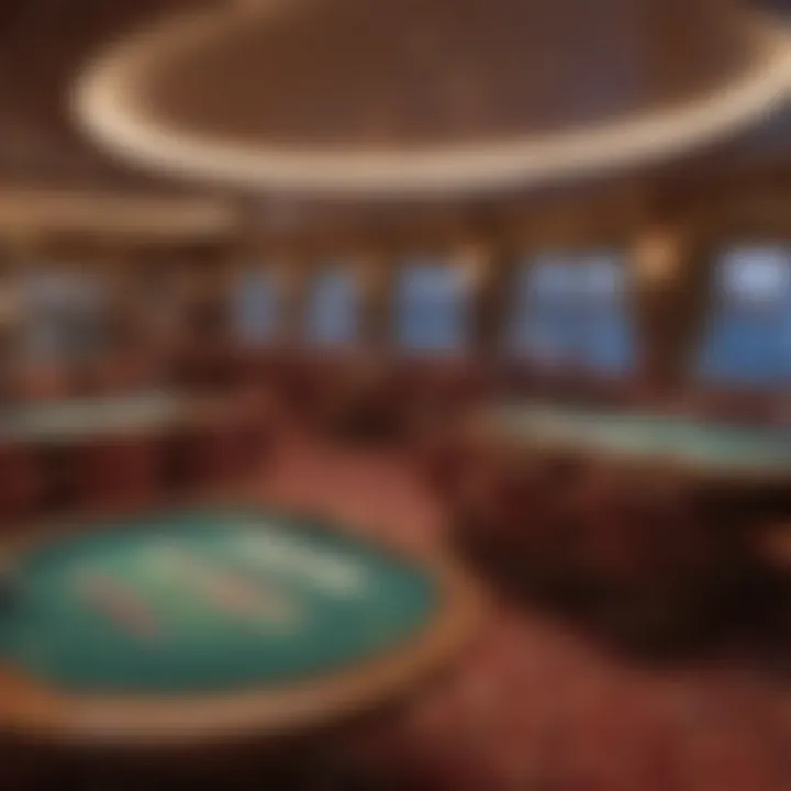 Interior of a luxurious casino boat showcasing gaming tables