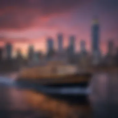 A stunning view of a casino boat cruising near the NYC skyline