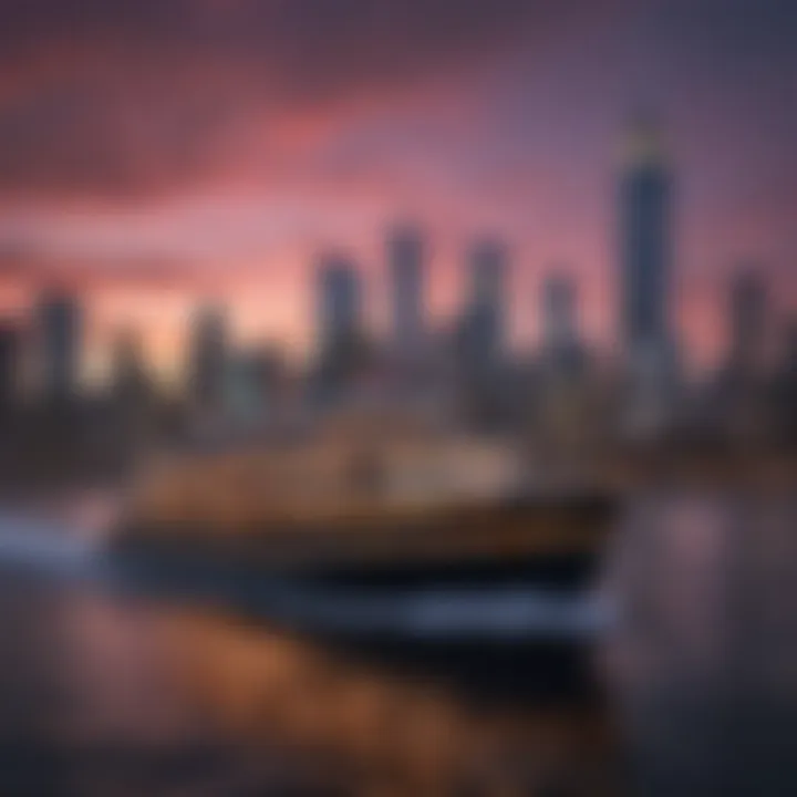 A stunning view of a casino boat cruising near the NYC skyline