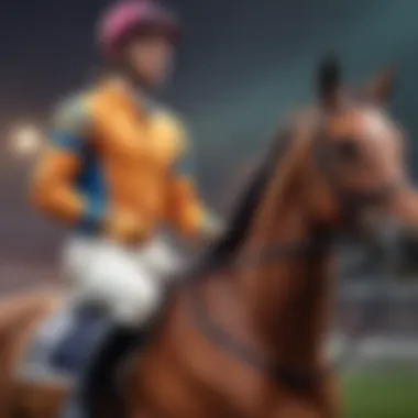 An elegant jockey in colorful attire leading a thoroughbred horse, symbolizing the sport's tradition.