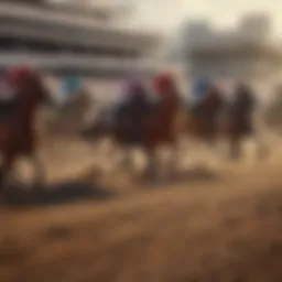 A panoramic view of a vibrant horse racing track in New York, showcasing the excitement of the event.