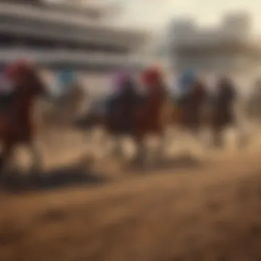 A panoramic view of a vibrant horse racing track in New York, showcasing the excitement of the event.