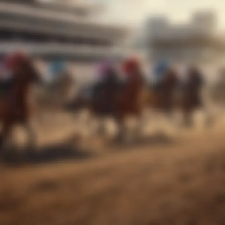 A panoramic view of a vibrant horse racing track in New York, showcasing the excitement of the event.