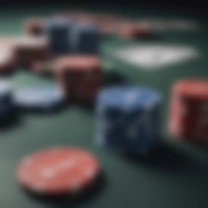 A close-up shot of poker chips and cards laid out on a table, symbolizing strategic gameplay.