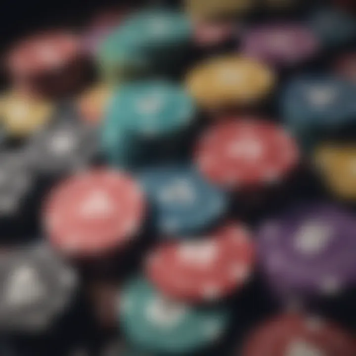 A collection of poker chips with unique designs and colors