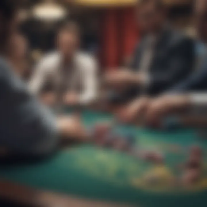 Close-up of a game table with players engaged in strategic gameplay and chips.