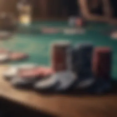 A close-up of poker chips and cards on a table