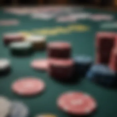 Close-up of poker chips and cards on a table