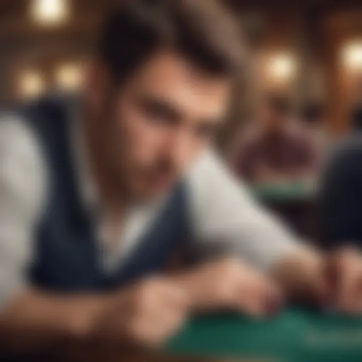 A close-up of a player contemplating their next move in ante up poker.