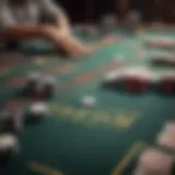 A close-up view of a poker table with chips and cards arranged strategically.