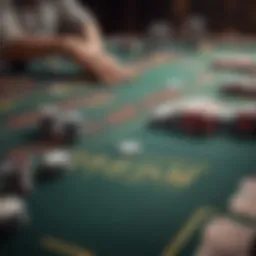 A close-up view of a poker table with chips and cards arranged strategically.